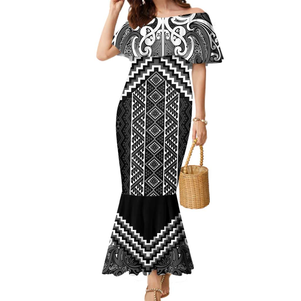 Maori Tukutuku Taniko Motifs Family Matching Mermaid Dress and Hawaiian Shirt Black Poutama Mix Kowhaiwhai LT7 Mom's Dress Black - Polynesian Pride
