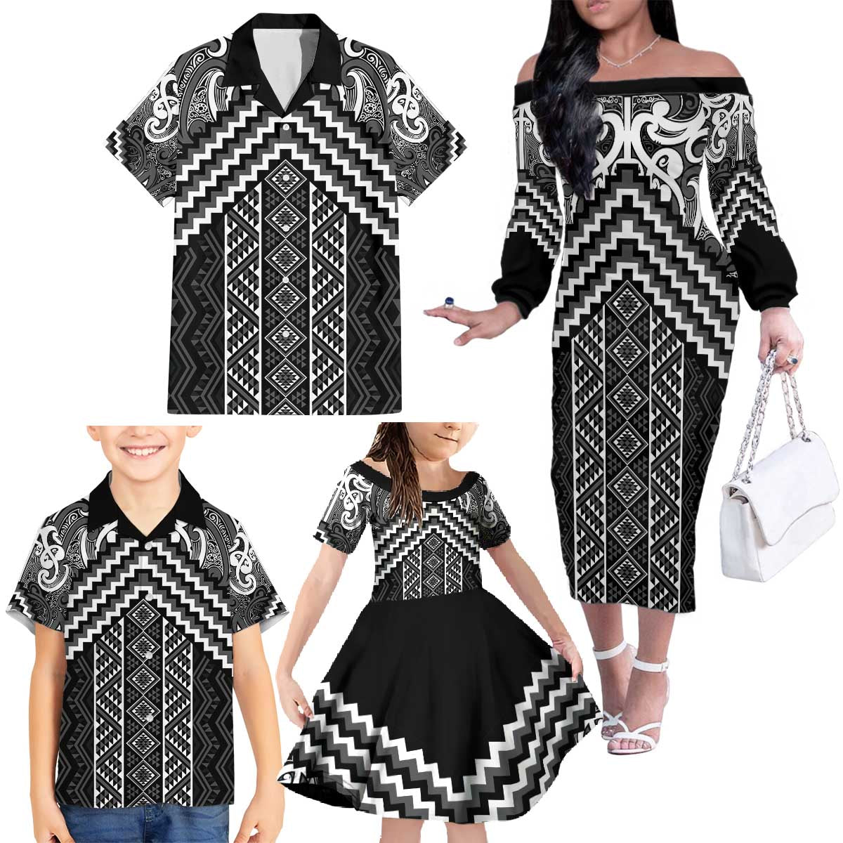 Maori Tukutuku Taniko Motifs Family Matching Off The Shoulder Long Sleeve Dress and Hawaiian Shirt Black Poutama Mix Kowhaiwhai LT7 - Polynesian Pride