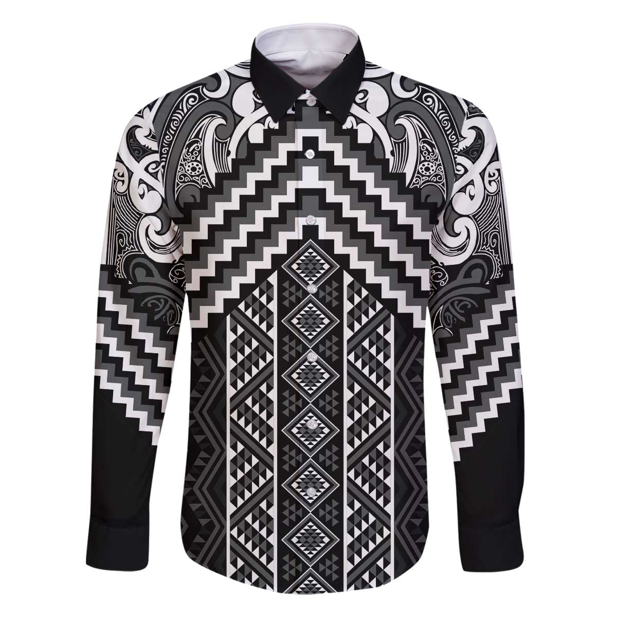 Maori Tukutuku Taniko Motifs Family Matching Off The Shoulder Long Sleeve Dress and Hawaiian Shirt Black Poutama Mix Kowhaiwhai LT7 Dad's Shirt - Long Sleeve Black - Polynesian Pride