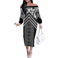 Maori Tukutuku Taniko Motifs Family Matching Off The Shoulder Long Sleeve Dress and Hawaiian Shirt Black Poutama Mix Kowhaiwhai LT7 Mom's Dress Black - Polynesian Pride