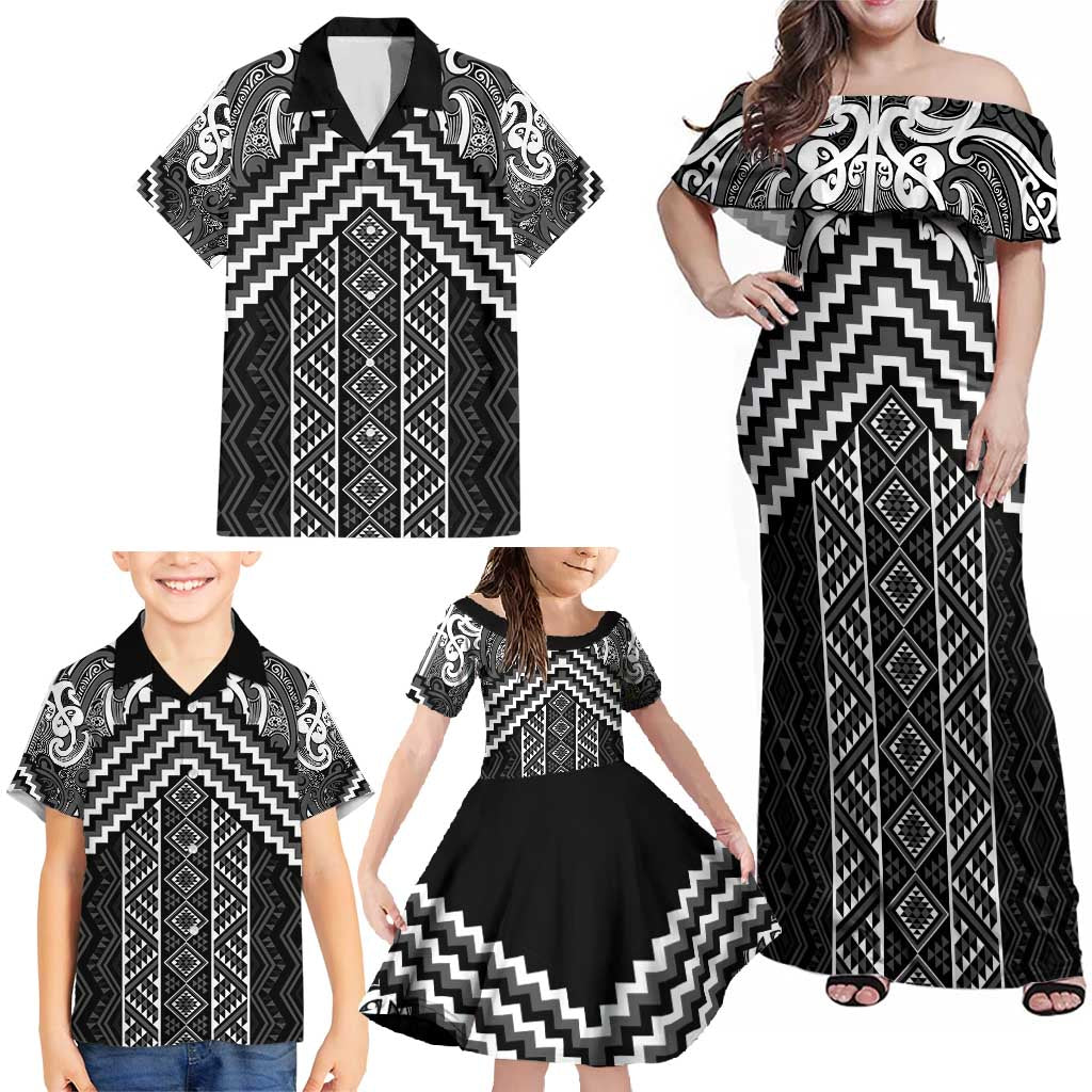 Maori Tukutuku Taniko Motifs Family Matching Off Shoulder Maxi Dress and Hawaiian Shirt Black Poutama Mix Kowhaiwhai LT7 - Polynesian Pride