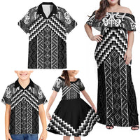 Maori Tukutuku Taniko Motifs Family Matching Off Shoulder Maxi Dress and Hawaiian Shirt Black Poutama Mix Kowhaiwhai LT7 - Polynesian Pride