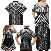 Maori Tukutuku Taniko Motifs Family Matching Off Shoulder Maxi Dress and Hawaiian Shirt Black Poutama Mix Kowhaiwhai LT7 - Polynesian Pride