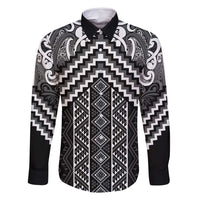 Maori Tukutuku Taniko Motifs Family Matching Off Shoulder Maxi Dress and Hawaiian Shirt Black Poutama Mix Kowhaiwhai LT7 Dad's Shirt - Long Sleeve Black - Polynesian Pride
