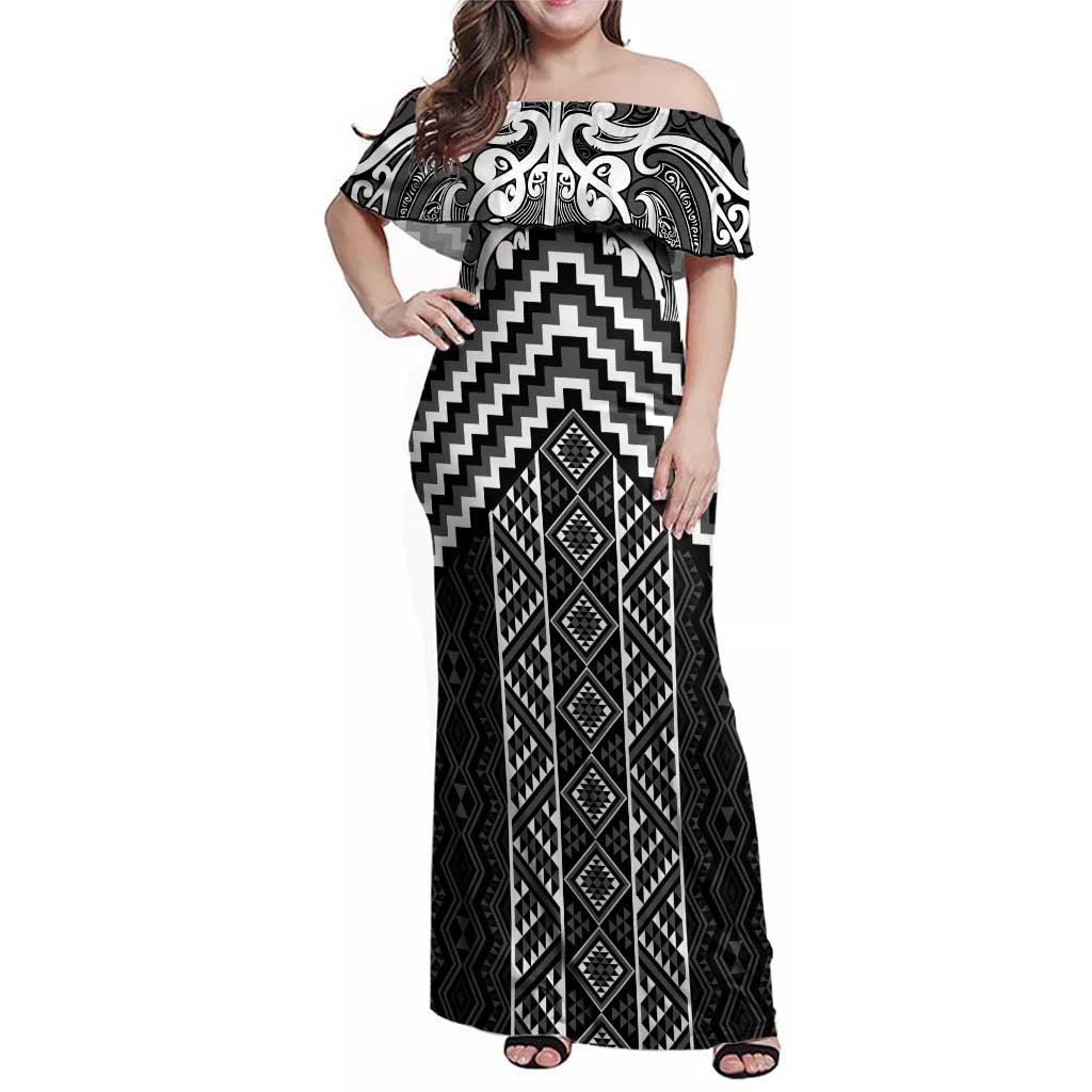 Maori Tukutuku Taniko Motifs Family Matching Off Shoulder Maxi Dress and Hawaiian Shirt Black Poutama Mix Kowhaiwhai LT7 Mom's Dress Black - Polynesian Pride