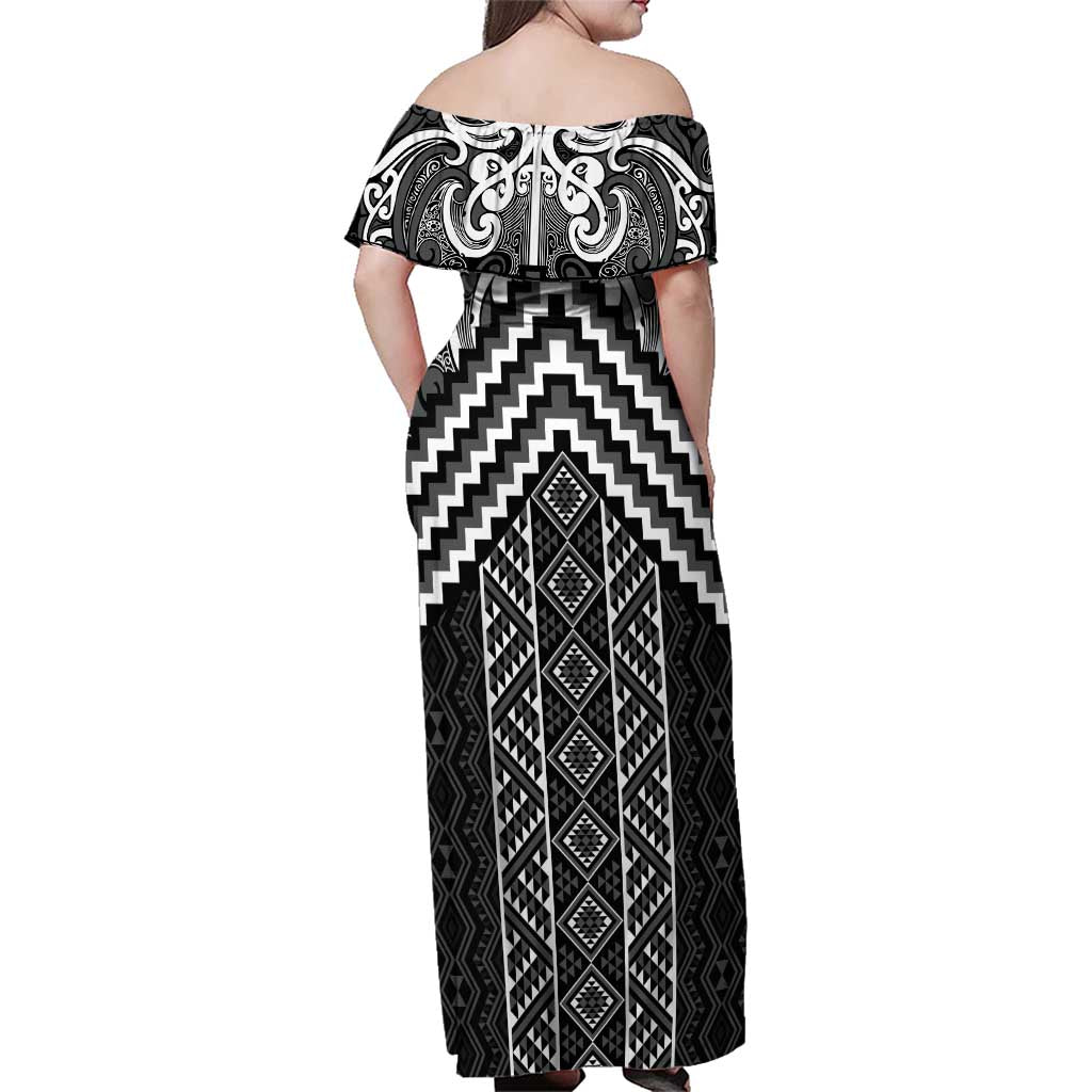 Maori Tukutuku Taniko Motifs Family Matching Off Shoulder Maxi Dress and Hawaiian Shirt Black Poutama Mix Kowhaiwhai LT7 - Polynesian Pride