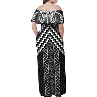 Maori Tukutuku Taniko Motifs Family Matching Off Shoulder Maxi Dress and Hawaiian Shirt Black Poutama Mix Kowhaiwhai LT7 - Polynesian Pride