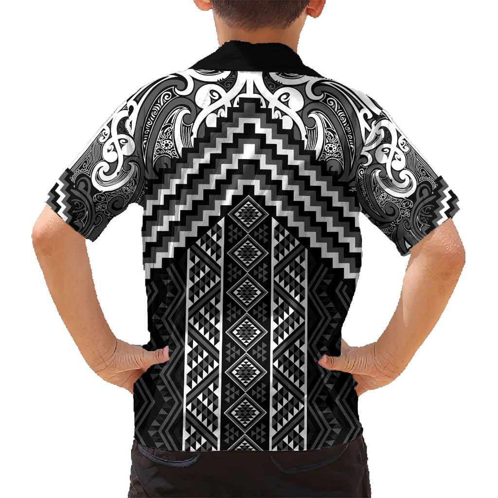 Maori Tukutuku Taniko Motifs Family Matching Off Shoulder Short Dress and Hawaiian Shirt Black Poutama Mix Kowhaiwhai LT7 - Polynesian Pride