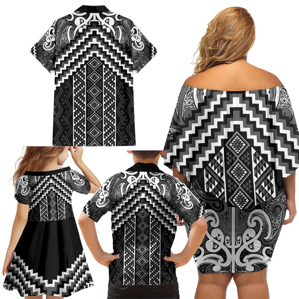 Maori Tukutuku Taniko Motifs Family Matching Off Shoulder Short Dress and Hawaiian Shirt Black Poutama Mix Kowhaiwhai LT7 - Polynesian Pride