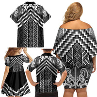 Maori Tukutuku Taniko Motifs Family Matching Off Shoulder Short Dress and Hawaiian Shirt Black Poutama Mix Kowhaiwhai LT7 - Polynesian Pride
