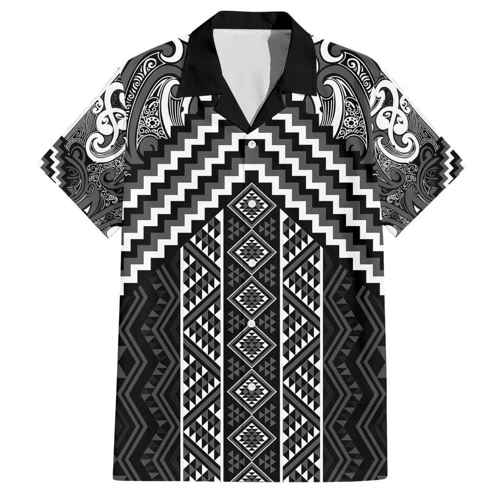 Maori Tukutuku Taniko Motifs Family Matching Off Shoulder Short Dress and Hawaiian Shirt Black Poutama Mix Kowhaiwhai LT7 Dad's Shirt - Short Sleeve Black - Polynesian Pride