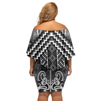 Maori Tukutuku Taniko Motifs Family Matching Off Shoulder Short Dress and Hawaiian Shirt Black Poutama Mix Kowhaiwhai LT7 - Polynesian Pride