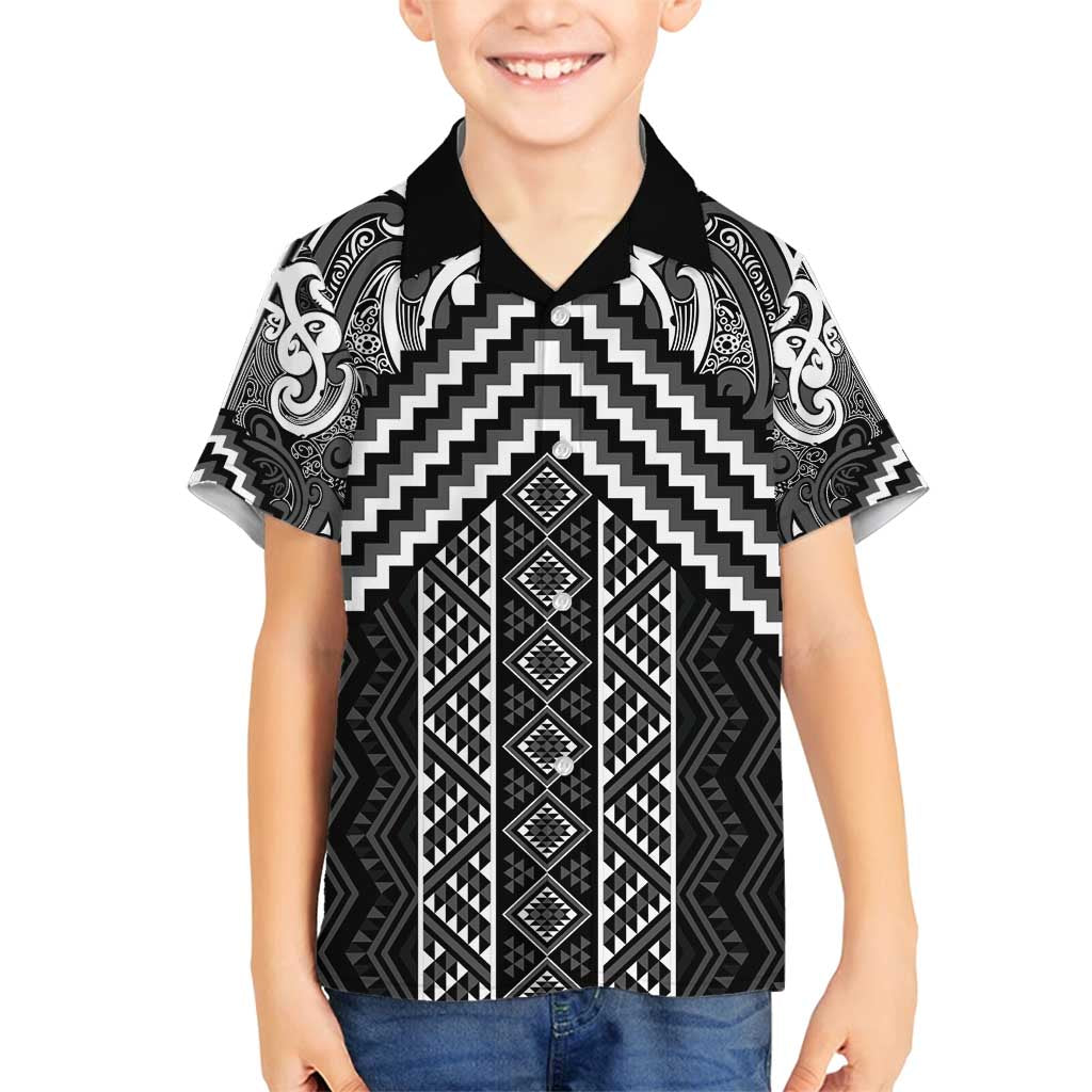 Maori Tukutuku Taniko Motifs Family Matching Off Shoulder Short Dress and Hawaiian Shirt Black Poutama Mix Kowhaiwhai LT7 Son's Shirt Black - Polynesian Pride