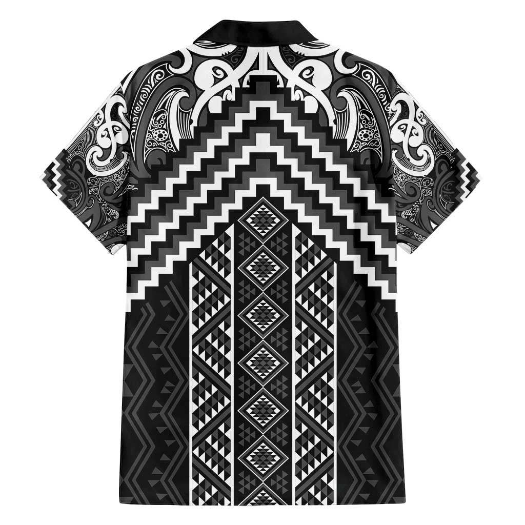 Maori Tukutuku Taniko Motifs Family Matching Puletasi and Hawaiian Shirt Black Poutama Mix Kowhaiwhai