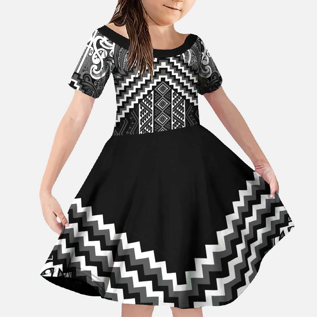 Maori Tukutuku Taniko Motifs Family Matching Short Sleeve Bodycon Dress and Hawaiian Shirt Black Poutama Mix Kowhaiwhai LT7 Daughter's Dress Black - Polynesian Pride