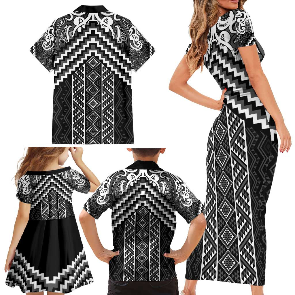 Maori Tukutuku Taniko Motifs Family Matching Short Sleeve Bodycon Dress and Hawaiian Shirt Black Poutama Mix Kowhaiwhai LT7 - Polynesian Pride