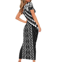 Maori Tukutuku Taniko Motifs Family Matching Short Sleeve Bodycon Dress and Hawaiian Shirt Black Poutama Mix Kowhaiwhai LT7 - Polynesian Pride