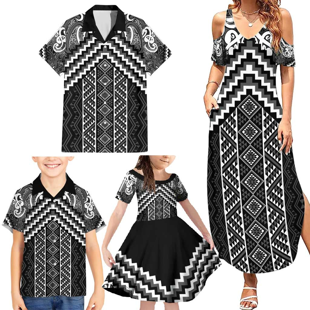 Maori Tukutuku Taniko Motifs Family Matching Summer Maxi Dress and Hawaiian Shirt Black Poutama Mix Kowhaiwhai LT7 - Polynesian Pride