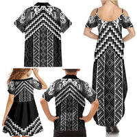 Maori Tukutuku Taniko Motifs Family Matching Summer Maxi Dress and Hawaiian Shirt Black Poutama Mix Kowhaiwhai LT7 - Polynesian Pride