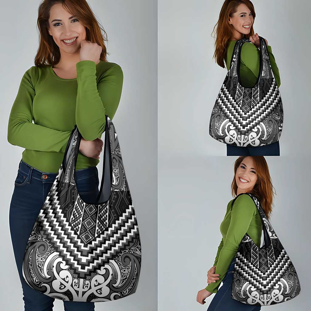 Maori Tukutuku Taniko Motifs Grocery Bag Black Poutama Mix Kowhaiwhai