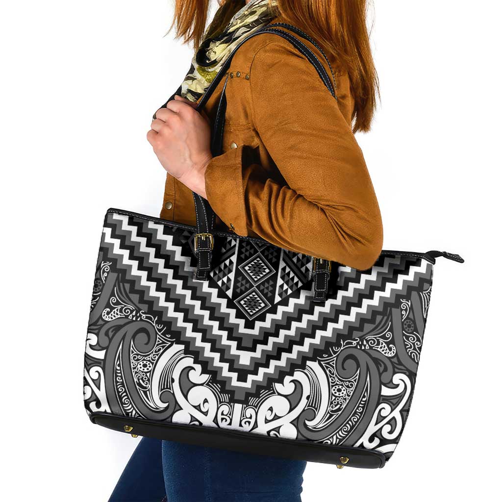 Maori Tukutuku Taniko Motifs Leather Tote Bag Black Poutama Mix Kowhaiwhai
