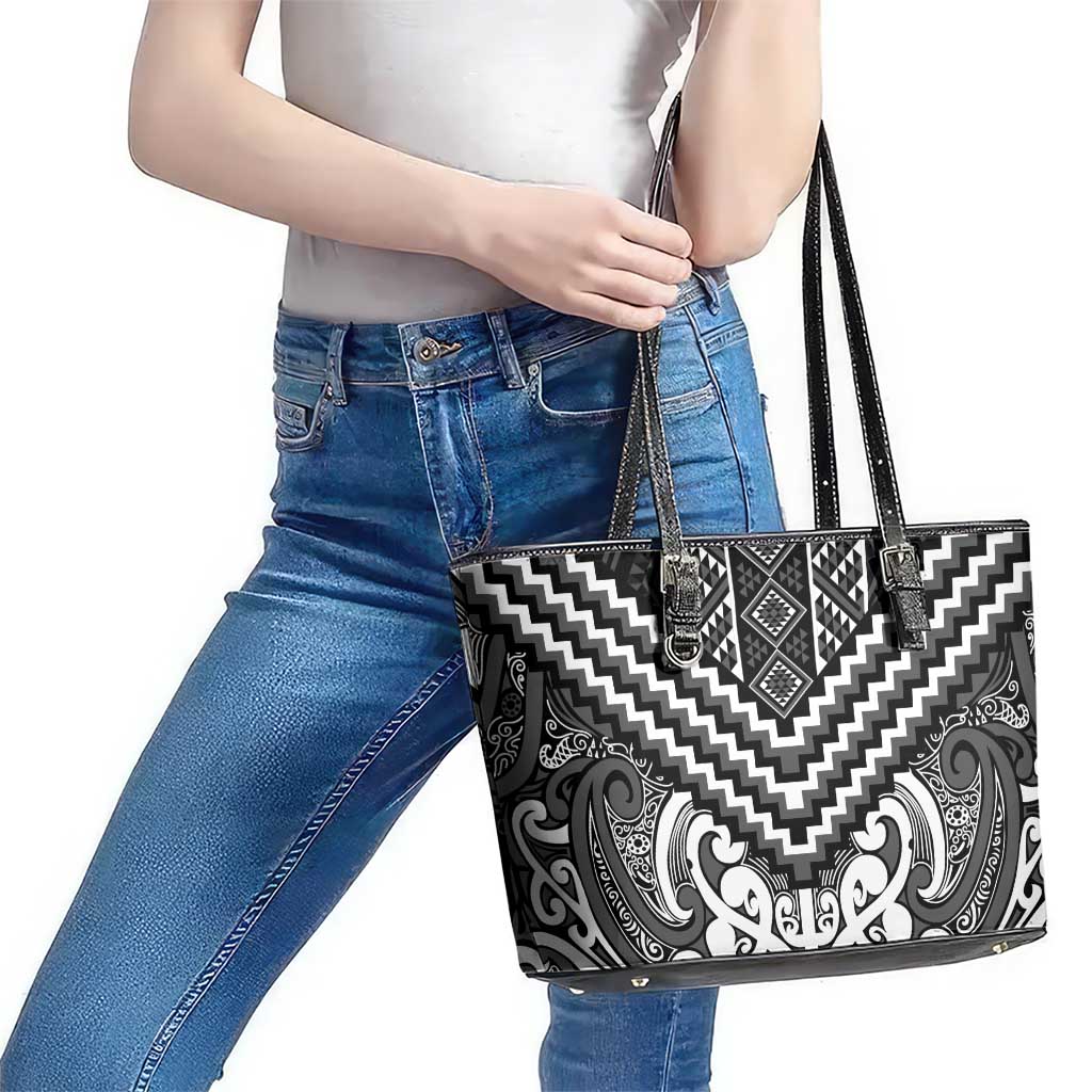Maori Tukutuku Taniko Motifs Leather Tote Bag Black Poutama Mix Kowhaiwhai