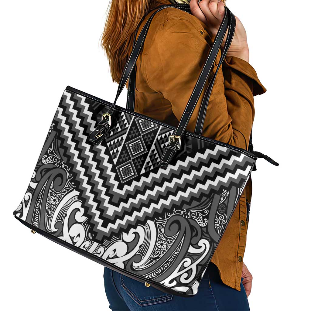 Maori Tukutuku Taniko Motifs Leather Tote Bag Black Poutama Mix Kowhaiwhai