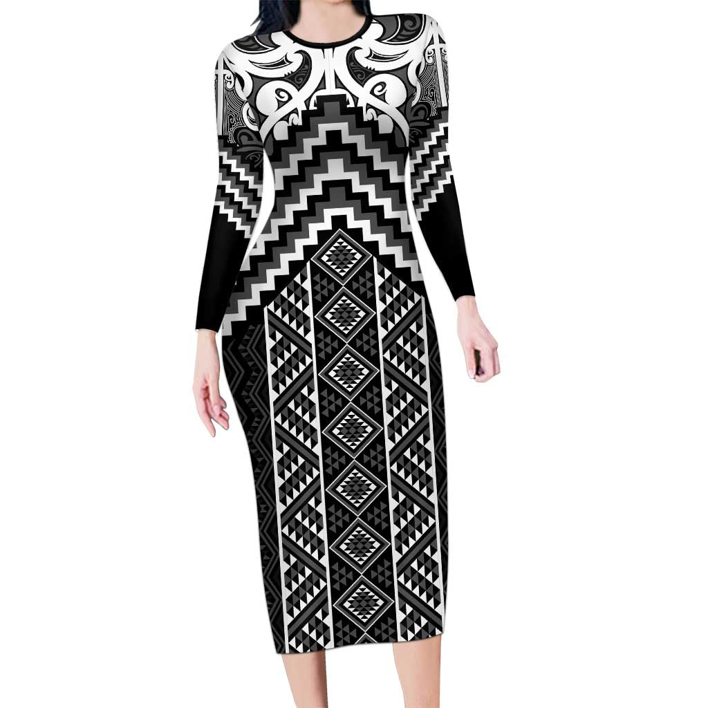 Maori Tukutuku Taniko Motifs Long Sleeve Bodycon Dress Black Poutama Mix Kowhaiwhai