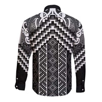 Maori Tukutuku Taniko Motifs Long Sleeve Button Shirt Black Poutama Mix Kowhaiwhai