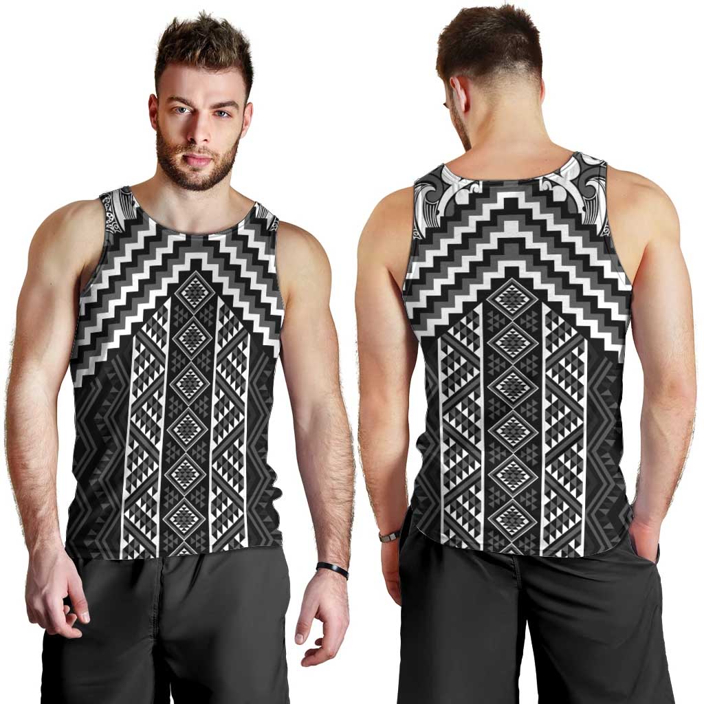 Maori Tukutuku Taniko Motifs Men Tank Top Black Poutama Mix Kowhaiwhai