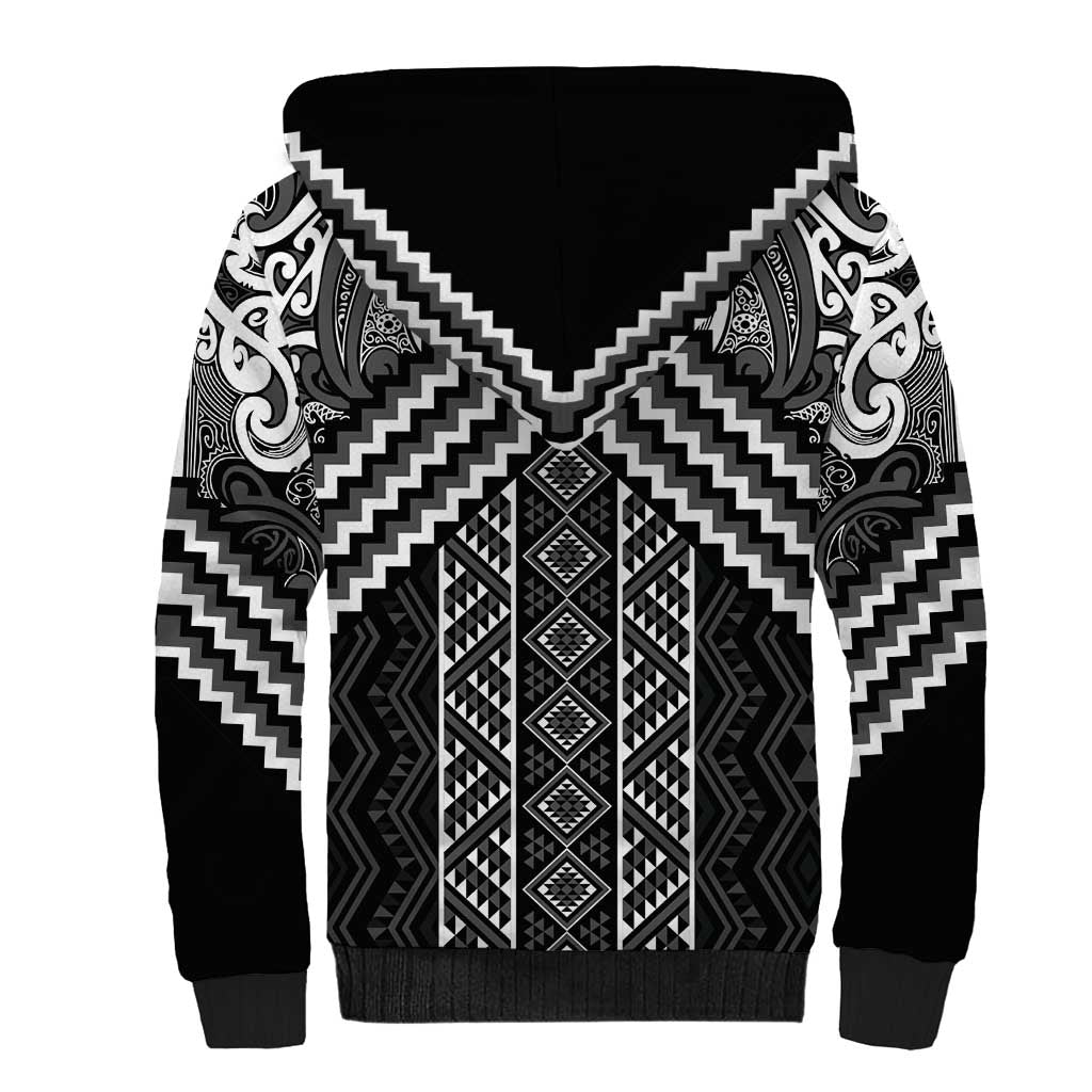 Maori Tukutuku Taniko Motifs Sherpa Hoodie Black Poutama Mix Kowhaiwhai LT7 - Polynesian Pride