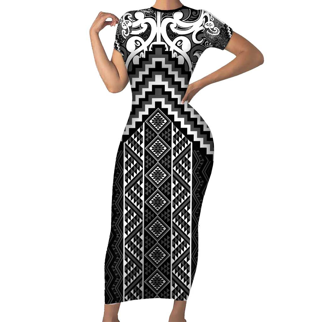 Maori Tukutuku Taniko Motifs Short Sleeve Bodycon Dress Black Poutama Mix Kowhaiwhai LT7 Long Dress Black - Polynesian Pride