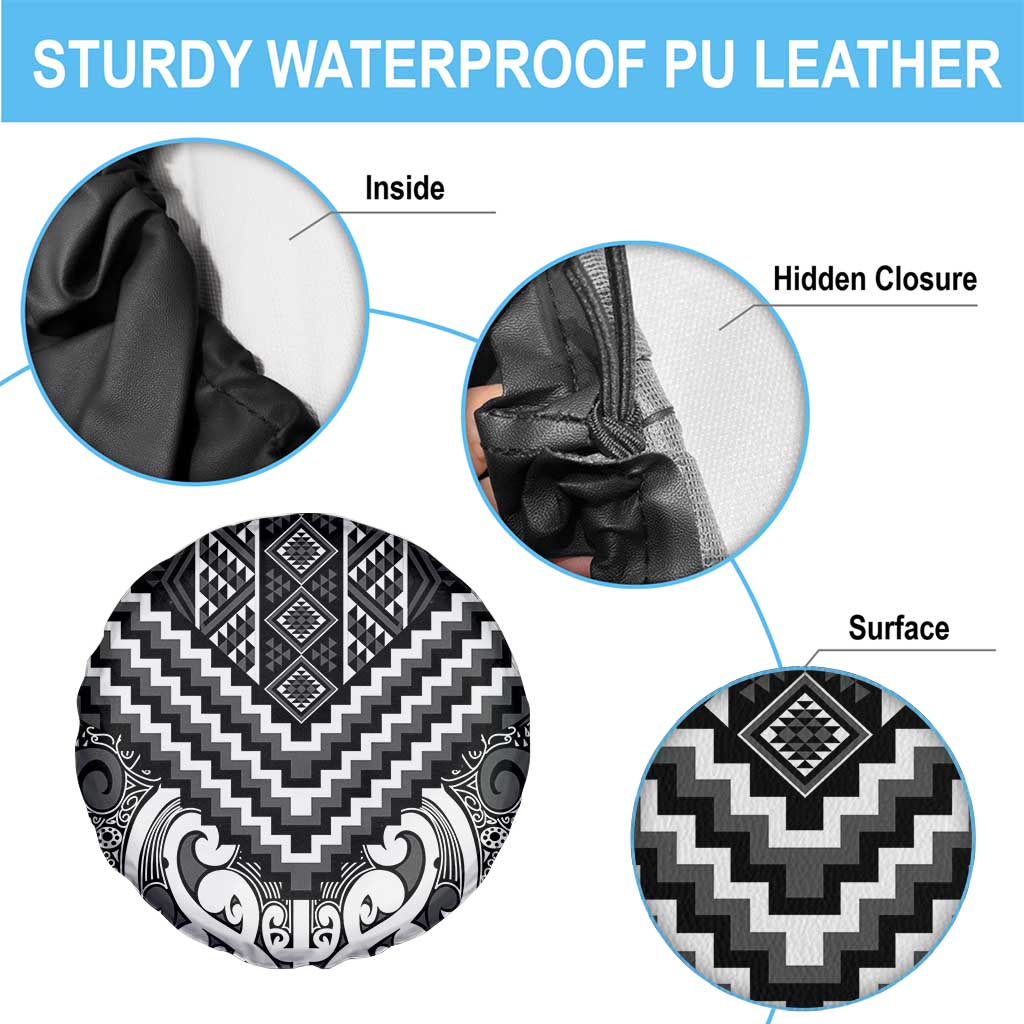 Maori Tukutuku Taniko Motifs Spare Tire Cover Black Poutama Mix Kowhaiwhai