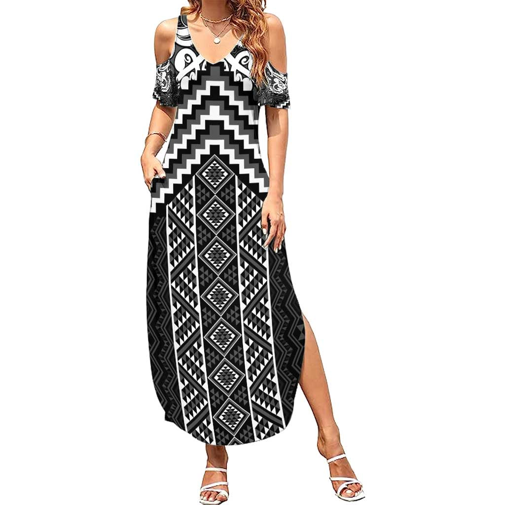 Maori Tukutuku Taniko Motifs Summer Maxi Dress Black Poutama Mix Kowhaiwhai