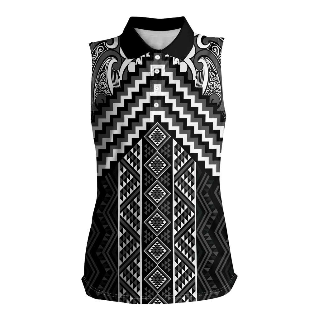 Maori Tukutuku Taniko Motifs Women Sleeveless Polo Shirt Black Poutama Mix Kowhaiwhai