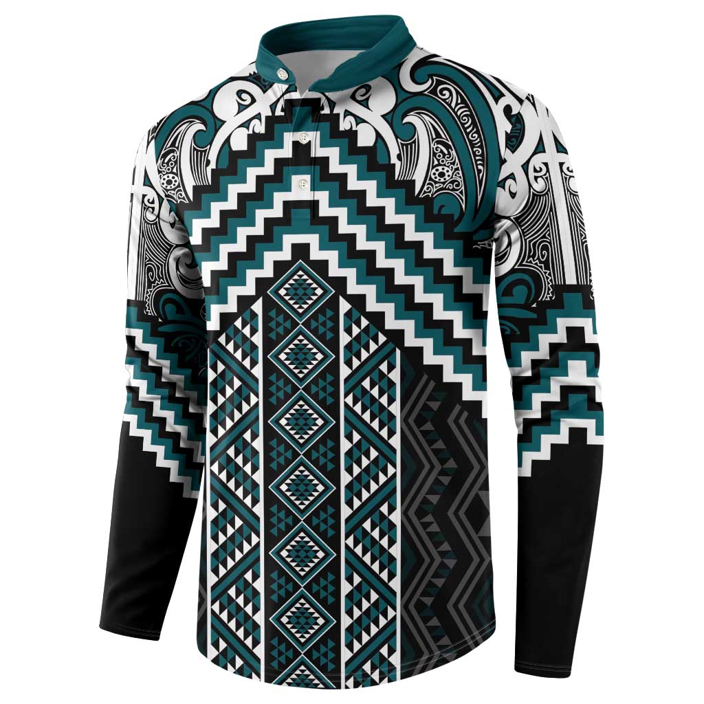 Maori Tukutuku Taniko Motifs Button Sweatshirt Teal Poutama Mix Kowhaiwhai