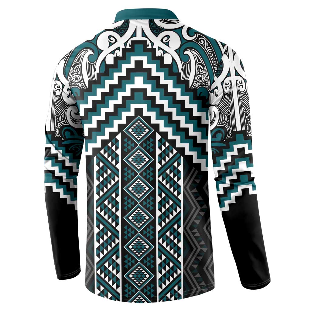 Maori Tukutuku Taniko Motifs Button Sweatshirt Teal Poutama Mix Kowhaiwhai