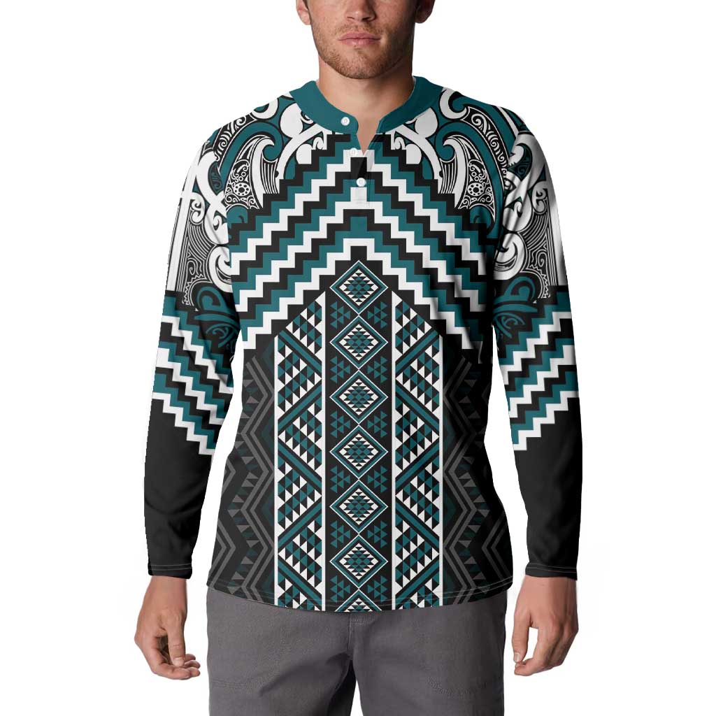 Maori Tukutuku Taniko Motifs Button Sweatshirt Teal Poutama Mix Kowhaiwhai