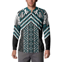 Maori Tukutuku Taniko Motifs Button Sweatshirt Teal Poutama Mix Kowhaiwhai