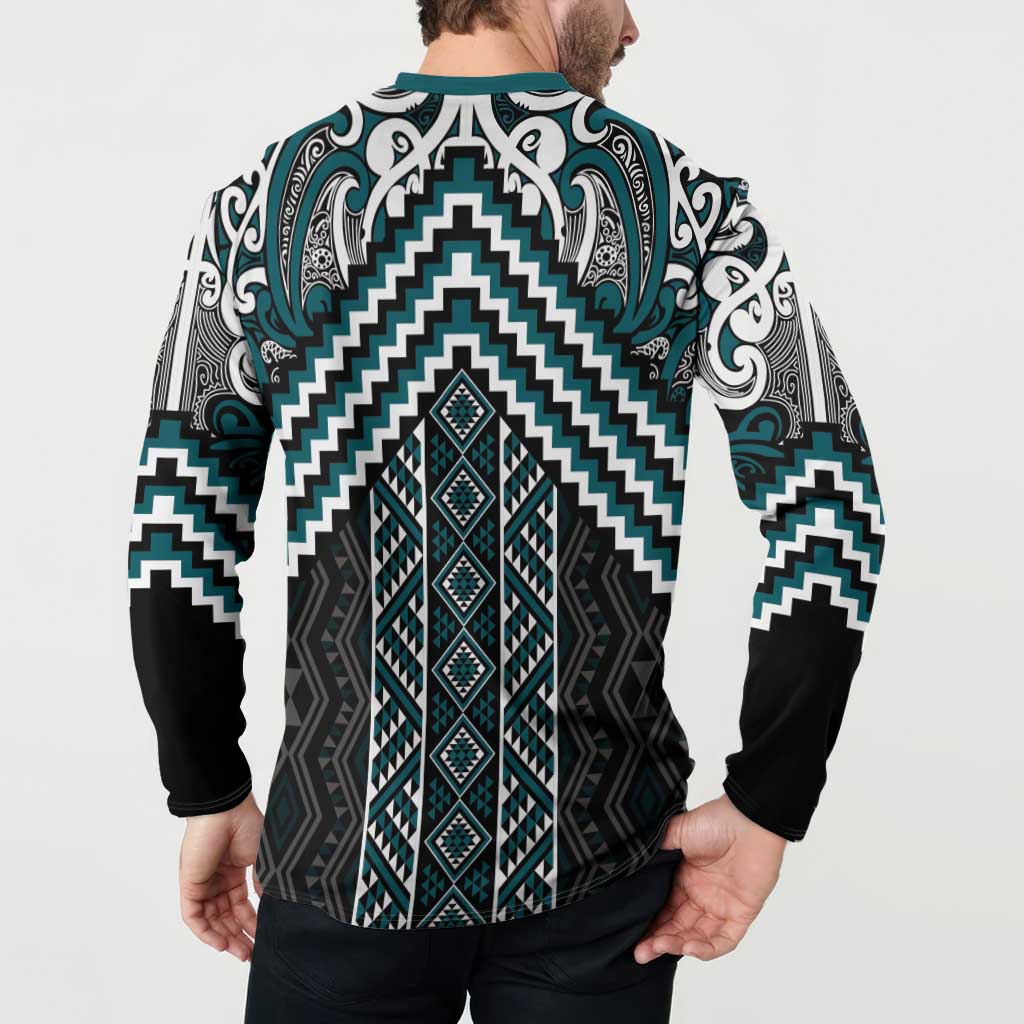 Maori Tukutuku Taniko Motifs Button Sweatshirt Teal Poutama Mix Kowhaiwhai