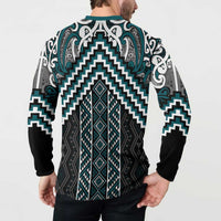 Maori Tukutuku Taniko Motifs Button Sweatshirt Teal Poutama Mix Kowhaiwhai