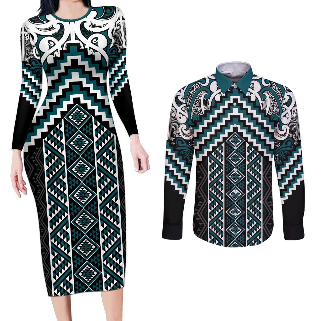 Maori Tukutuku Taniko Motifs Couples Matching Long Sleeve Bodycon Dress and Long Sleeve Button Shirt Teal Poutama Mix Kowhaiwhai LT7 Teal - Polynesian Pride