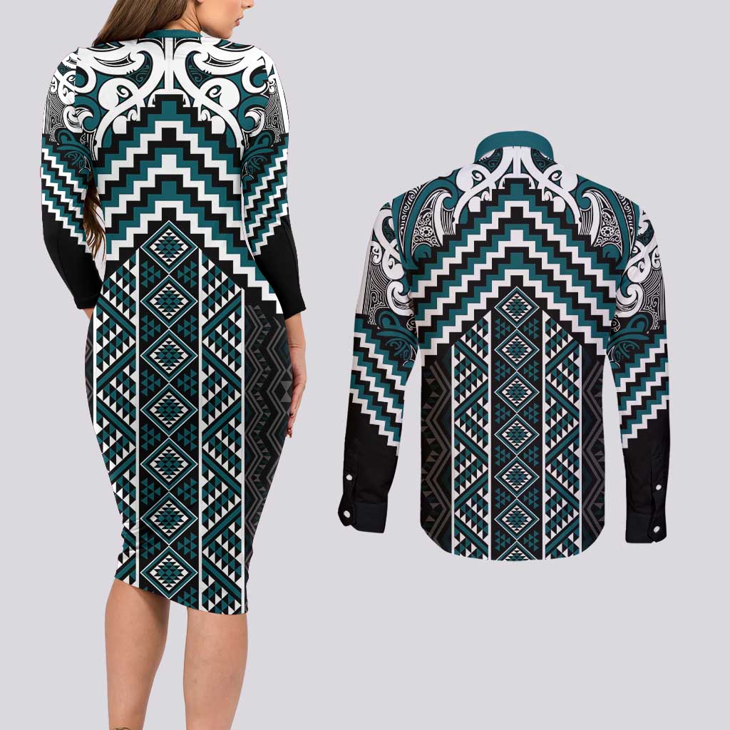 Maori Tukutuku Taniko Motifs Couples Matching Long Sleeve Bodycon Dress and Long Sleeve Button Shirt Teal Poutama Mix Kowhaiwhai LT7 - Polynesian Pride