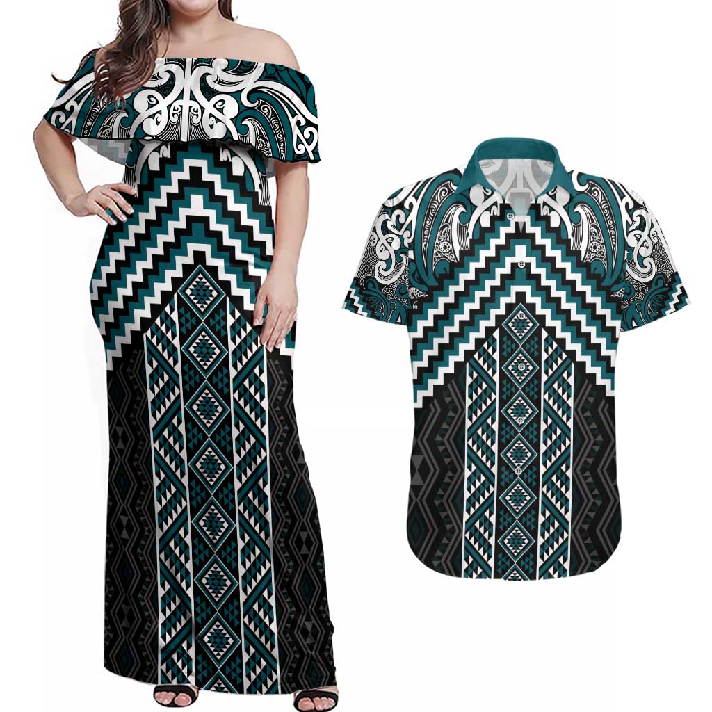 Maori Tukutuku Taniko Motifs Couples Matching Off Shoulder Maxi Dress and Hawaiian Shirt Teal Poutama Mix Kowhaiwhai LT7 Teal - Polynesian Pride