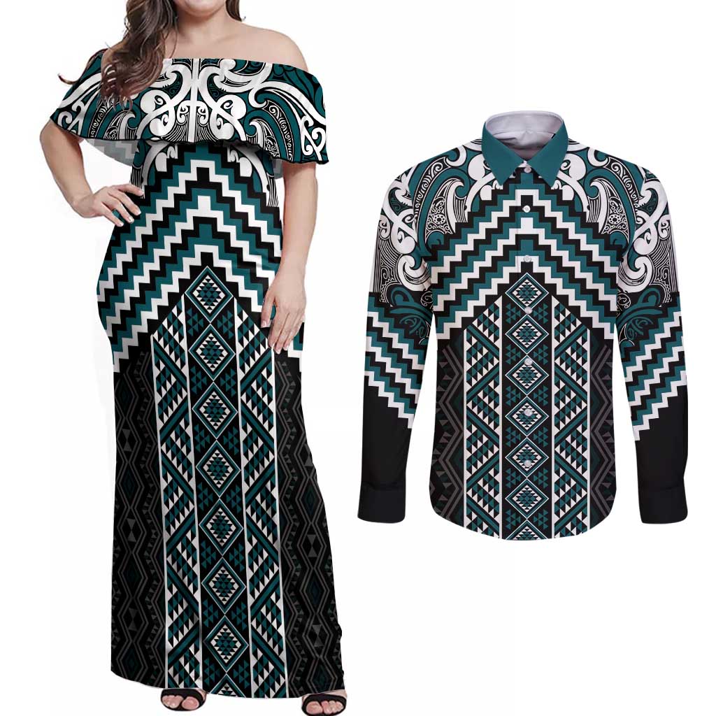 Maori Tukutuku Taniko Motifs Couples Matching Off Shoulder Maxi Dress and Long Sleeve Button Shirt Teal Poutama Mix Kowhaiwhai LT7 Teal - Polynesian Pride