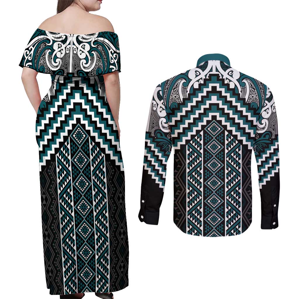 Maori Tukutuku Taniko Motifs Couples Matching Off Shoulder Maxi Dress and Long Sleeve Button Shirt Teal Poutama Mix Kowhaiwhai LT7 - Polynesian Pride