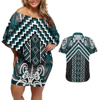 Maori Tukutuku Taniko Motifs Couples Matching Off Shoulder Short Dress and Hawaiian Shirt Teal Poutama Mix Kowhaiwhai LT7 Teal - Polynesian Pride