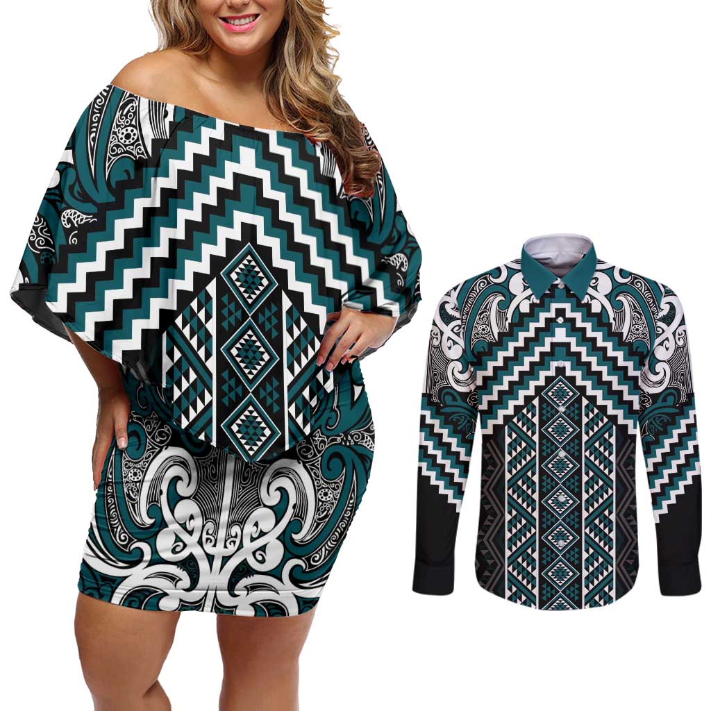 Maori Tukutuku Taniko Motifs Couples Matching Off Shoulder Short Dress and Long Sleeve Button Shirt Teal Poutama Mix Kowhaiwhai LT7 Teal - Polynesian Pride