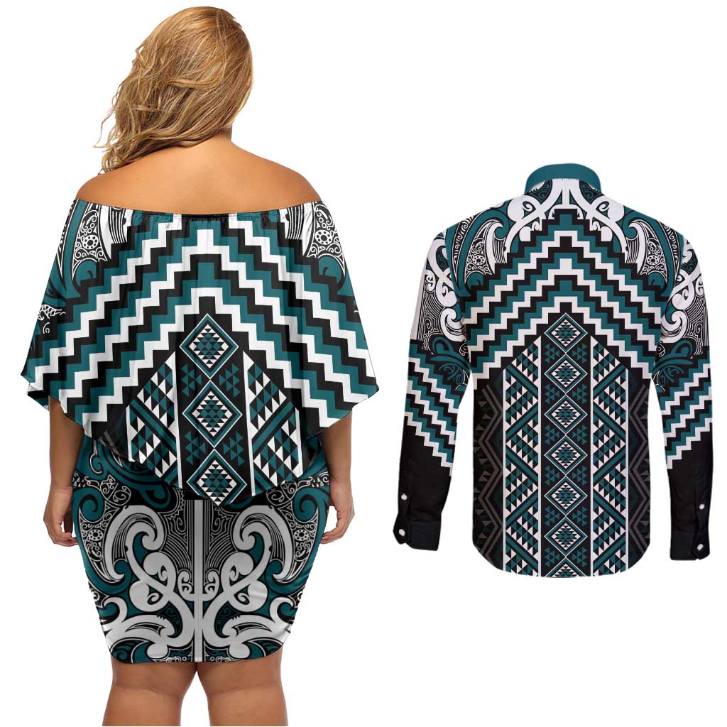 Maori Tukutuku Taniko Motifs Couples Matching Off Shoulder Short Dress and Long Sleeve Button Shirt Teal Poutama Mix Kowhaiwhai LT7 - Polynesian Pride