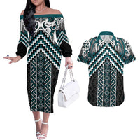 Maori Tukutuku Taniko Motifs Couples Matching Off The Shoulder Long Sleeve Dress and Hawaiian Shirt Teal Poutama Mix Kowhaiwhai LT7 Teal - Polynesian Pride